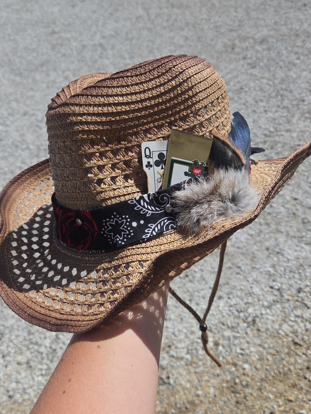 Woven Straw Cowboy Hat with Bandana Trim and Feather Accent - Brown
